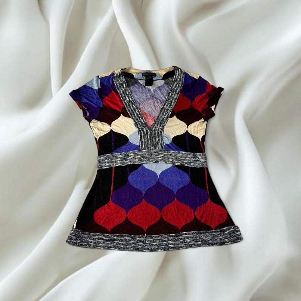 Custo Barcelona geometric multicolored v-neck babydoll top metallic silver trim